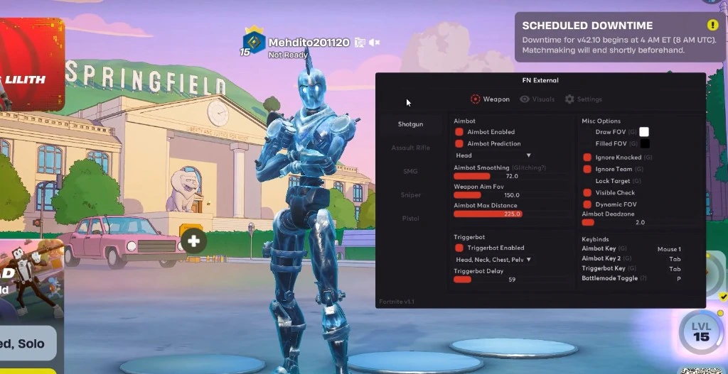 Get Fortnite Cheats menu — aimbot, triggerbot, FOV, and weapon settings on PC